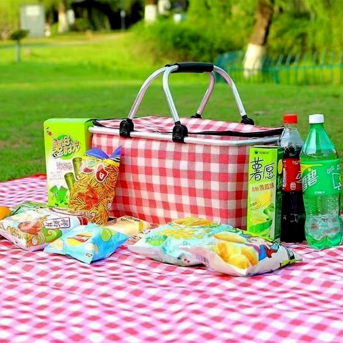 Cesta de picnic aislada con forro a prueba de fugas, gran capacidad de 26 litros para 12 adultos, cesta de picnic con asas resistentes para actividades al aire libre, viajes, playa, camping (rojo)