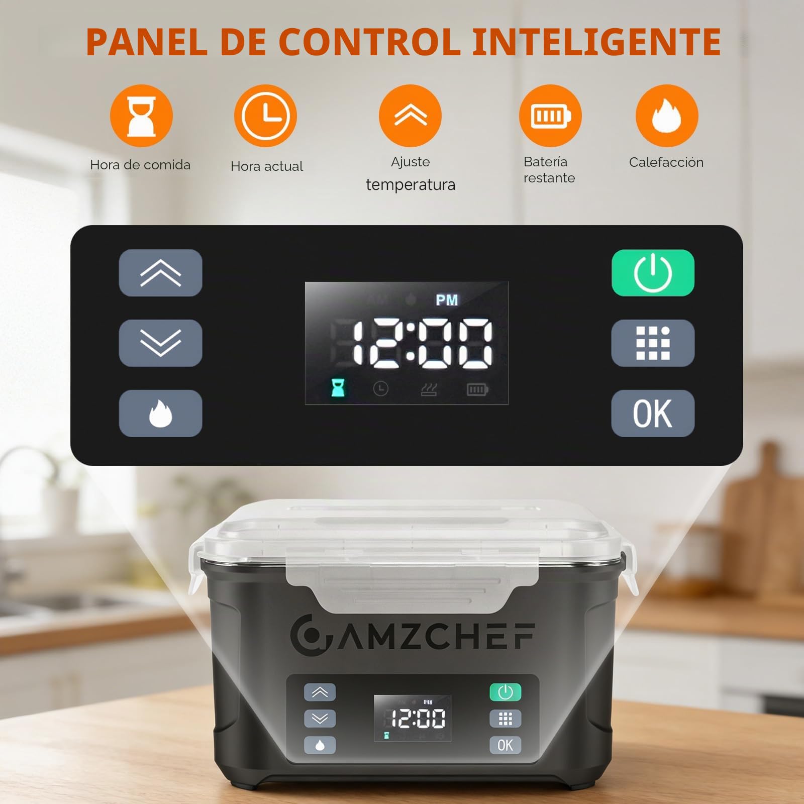 AMZCHEF Fiambrera Electrica de 1,5 L - taper electrico para comida de 27 000 mAh, calentamiento en 5 caras, función de calentamiento instantáneo, con reloj y memoria, recarga rápida (negro)