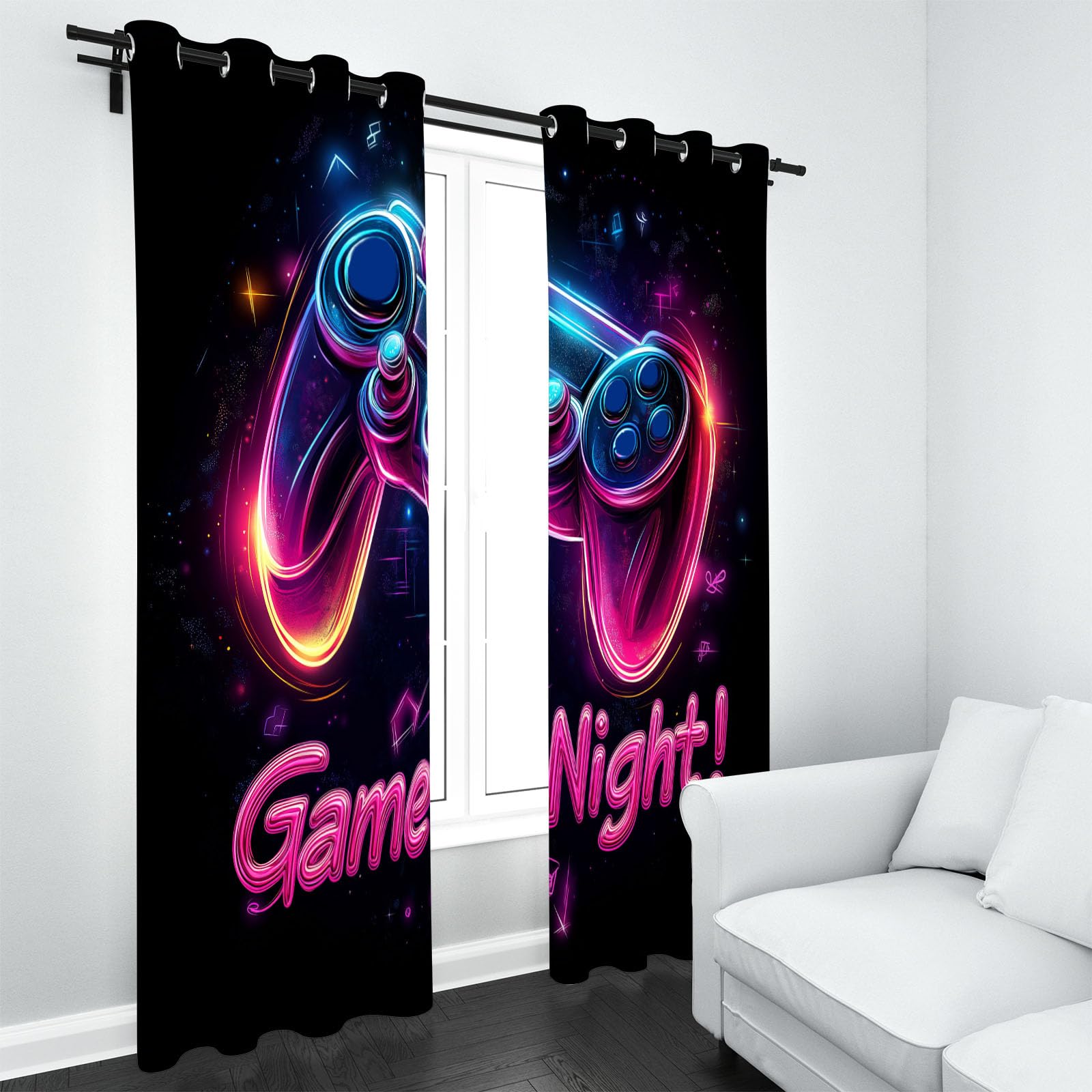 Lot de 2 Rideaux Console Gamepad Néon Gamer Rideau Occultant Thermique