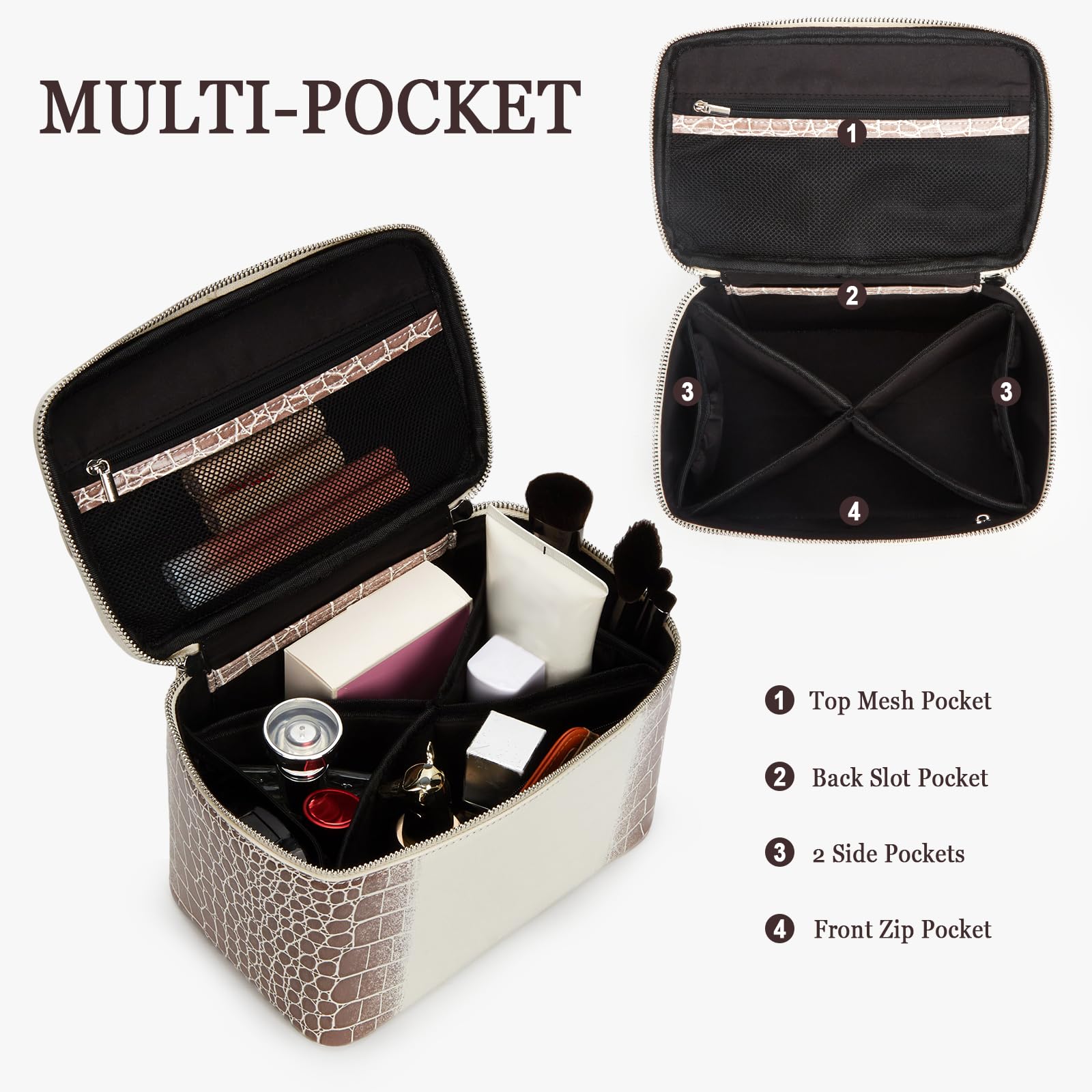 Krokodil-Make-up-Tasche, PU-Leder, wasserdicht, Reise-Kosmetik-Organizer für Damen, tragbarer Kosmetikkoffer, Kulturbeutel, beige, Klassisch