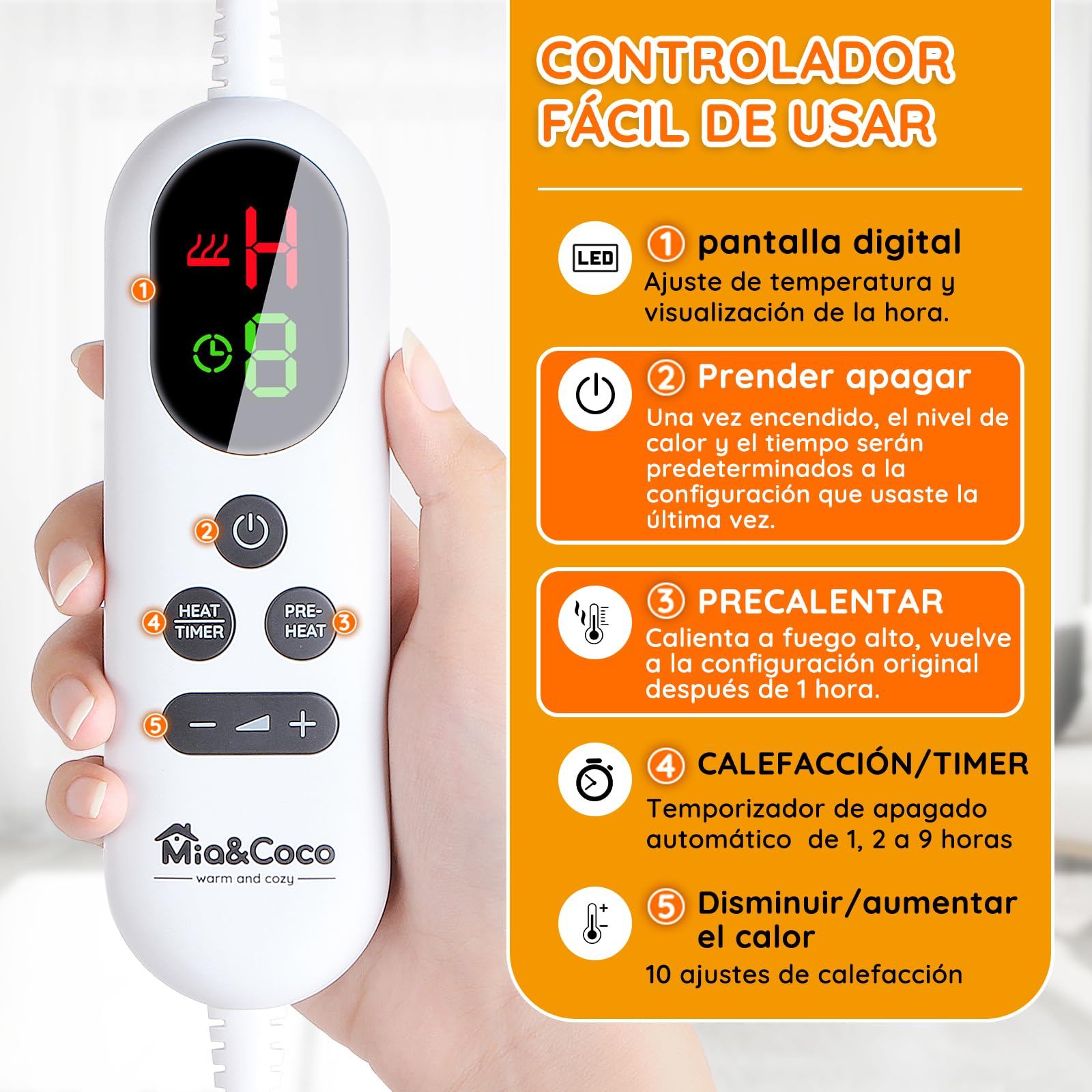 Mia&Coco Manta eléctrica Apagado automático, 180 x 130 cm, 10 Niveles de Calor, Temporizador de Apagado automático de 9 Horas, protección contra sobrecalentamiento, Lavable a máquina, Gris