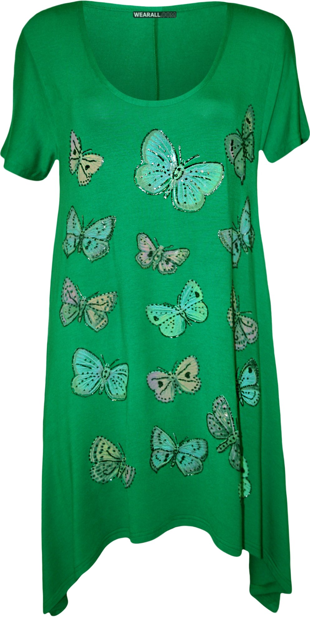 WearAll Plus Size Womens Butterfly Print Short Sleeve Ladies Hanky Hem T-Shirt Top - Green - 22-24