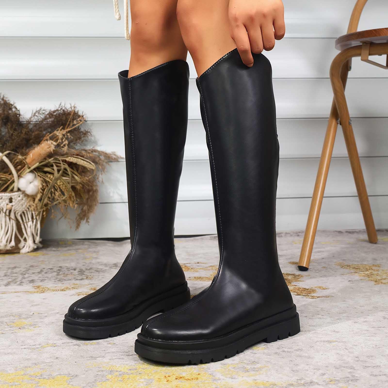 Generisch 2026 Botas de plataforma con suela gruesa de media pantorrilla, botines de equitación de moda con cordones con cremallera lateral para uso diario al aire libre