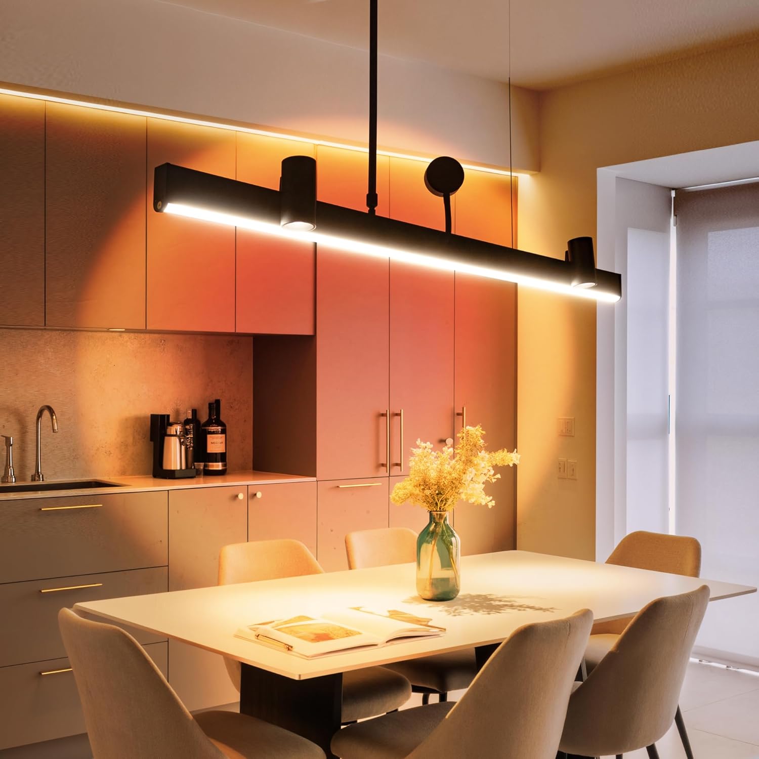 Modern LED Linear Pendant Light with Sunset Lamp & 2 Adjustable Spotlights, Dimmable & CCT Tunable via Remote, Height Adjustable Track Pendant Lighting for Kitchen Island Dining Room Living Room