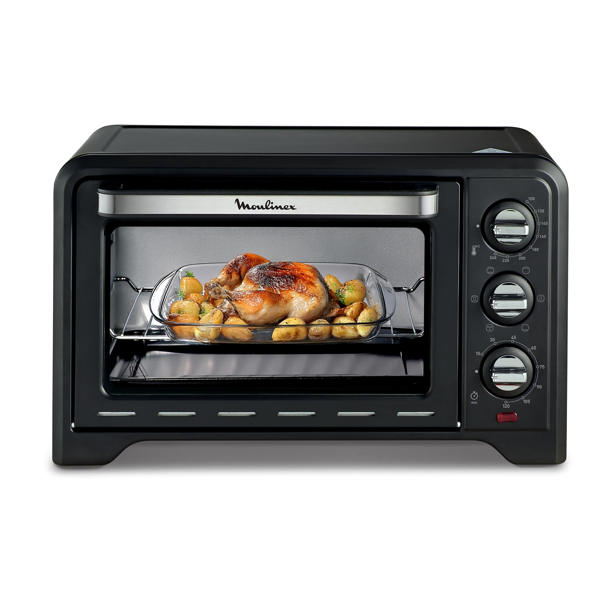 Moulinex Four électrique posable 19 L, Compact, chaleur tournante, 6 modes de cuisson, Thermostat réglable jusqu'à 240°C, Minuteur 120 min, Grille réversible, Lèche frites, Optimo noir OX444810