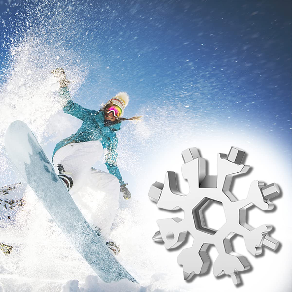 Sneeuwvlok 19 in 1 Multitool - Zilver roestvrij staal - Fietsgereedschap - Sleutelhanger Inclusief opberg etui