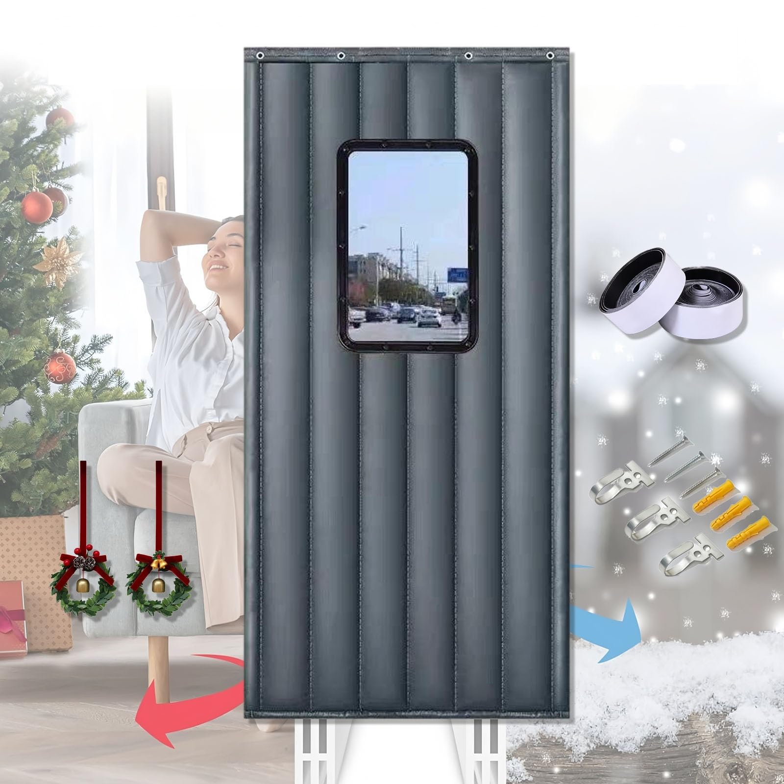 Wärmedämmende Türvorhänge, Wärmeschutz, wärmeisolierende Vorhänge für Türen mit transparentem PVC-Fenster, Lärmschutz, Winterverdickung
