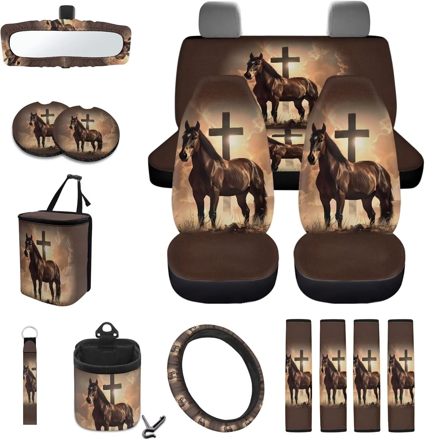 15 Pcs Car Interior Accessories, Horse Cross Print Auto Seat Cover Full Sets with Steering Wheel Cover Seatbelt Pads Rear View Mirror Cover Trash Can Air Vent Storage Bag Cup Holder Keychain