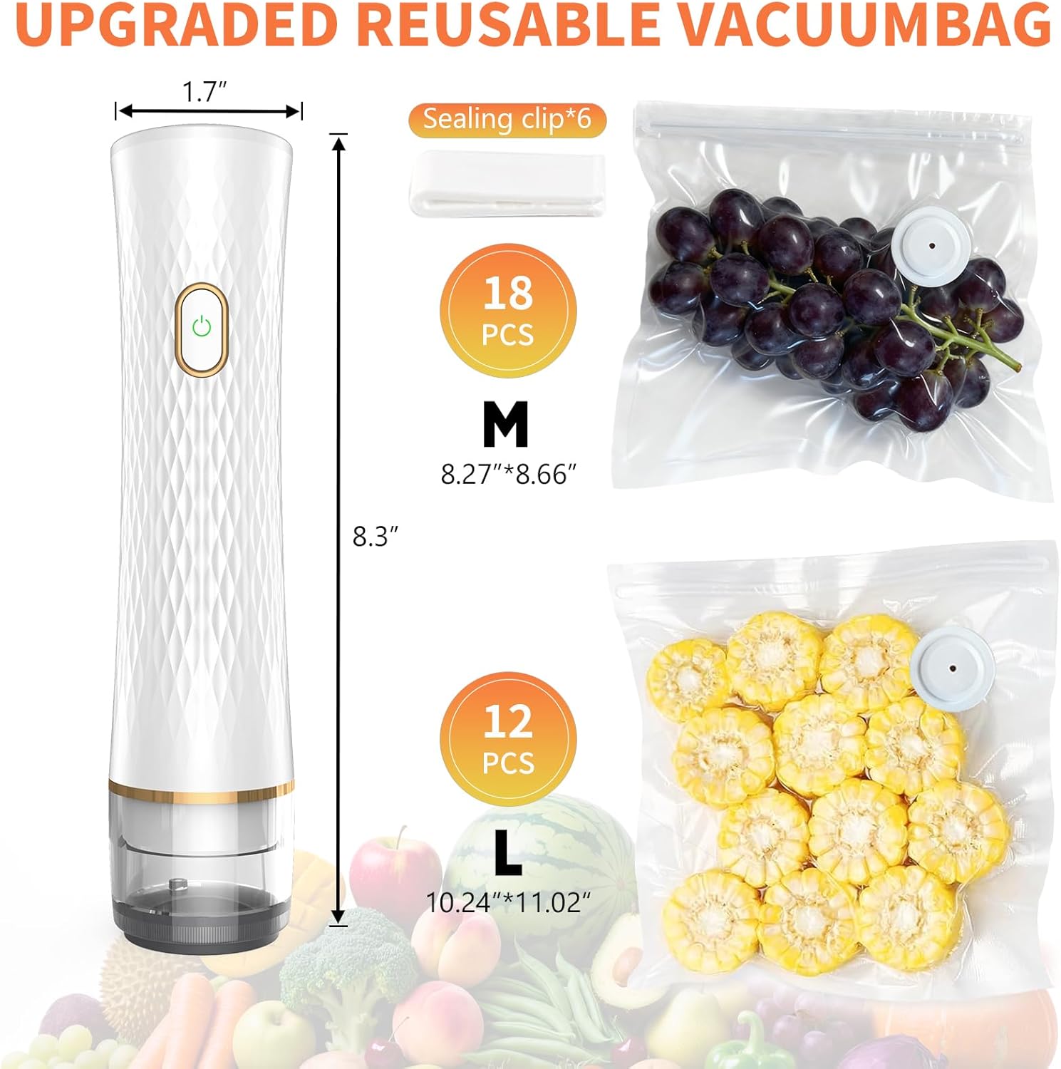 Vacuum Sealer for Food – Keeps Food Fresh up to 10× Longe, Cordless & rechargeable & strong suction for storage & sous vider(Handheld Vacuum Sealer + 30 Reusable Vacuum Bags) - Image 5