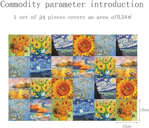 Miniatura 2 de Lukery 24 hojas de azulejos de despegar y pegar, impermeables, para losetas en muro de cocina, azulejos de flores, autoadhesivos, azulejos de pared