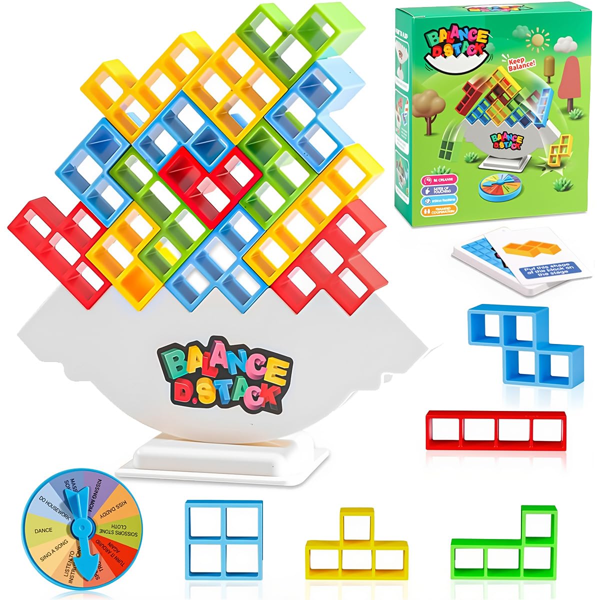 EduPlayte 64PCS Stack Game for Adult & Kids, Tetra Board Tower Games for Family Travel Party family games, Team Toys Building Block