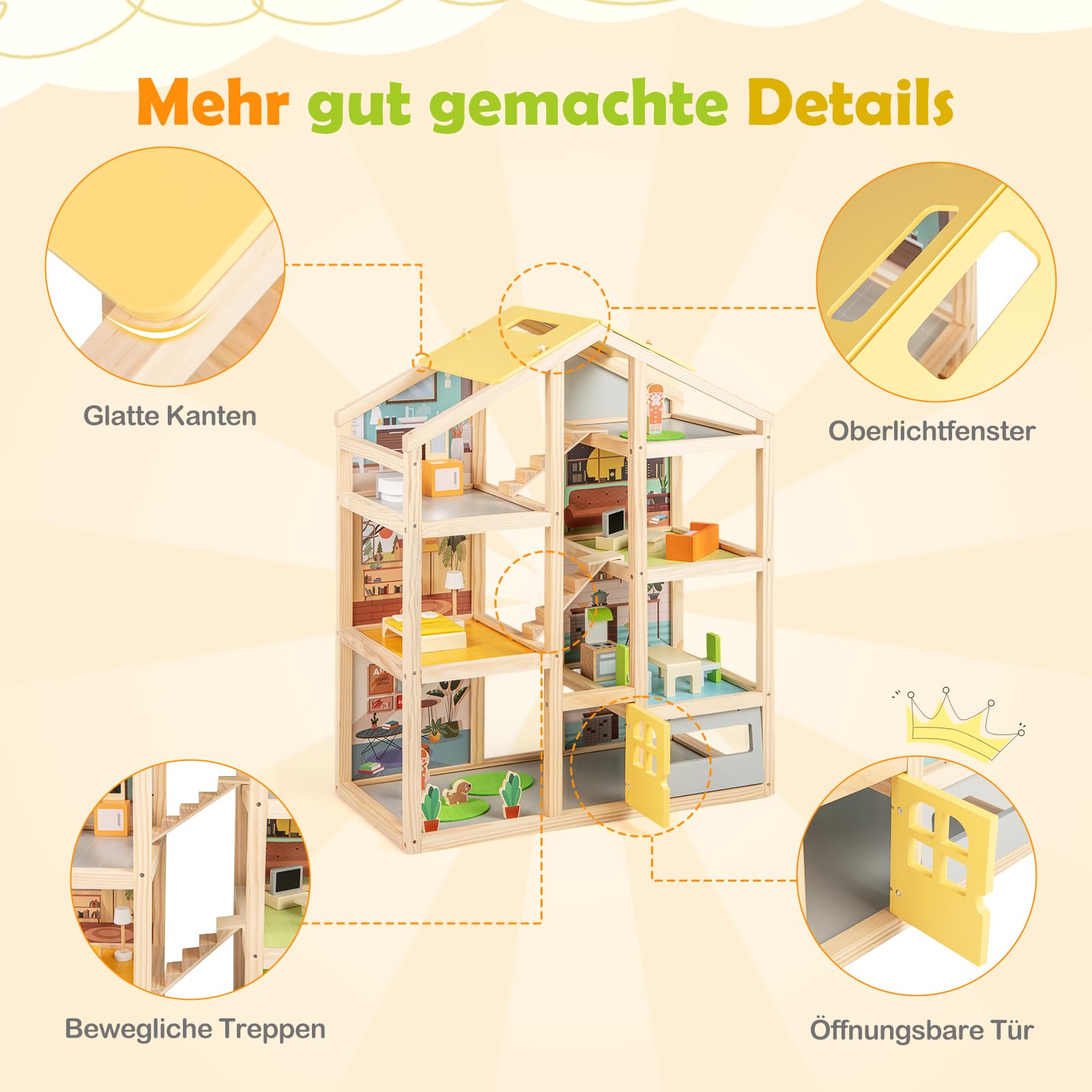 GOPLUS Drewniany domek dla lalek, zestaw do zabawy z 7 pokojami, 18 mebli, 2 figurki i 1 pies dla zwierząt domowych, wymarzona willa z realistycznymi meblami, 4-piętrowy domek z zabawkami dla