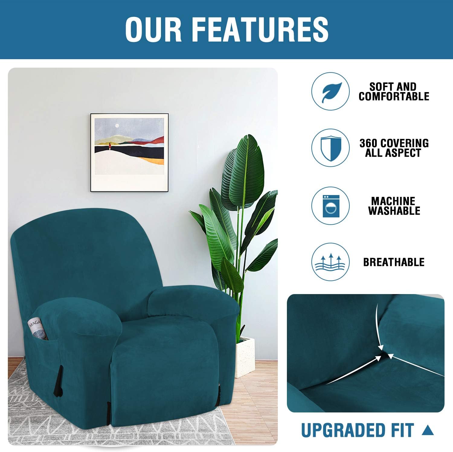 BellaHills Velvet Plush Couch Cover for Recliner Couch Stretch Sofa Slipcover Featuring Plush Soft & Comfortable Fabric - Image 4
