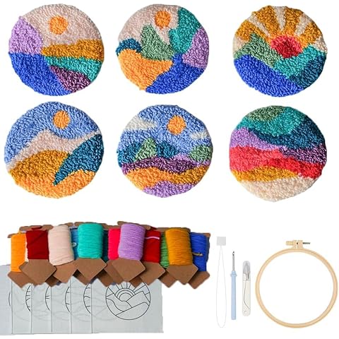 6PCS Punch Needle Coasters Kit,Easy DIY Punch Needle Embroidery Kit for Beginners Adults Kids Festival Gift and Decoration Including Patterns, Tools, Yarns, Hoop, Instruction, Coaster Holder (6 pcs) Cover