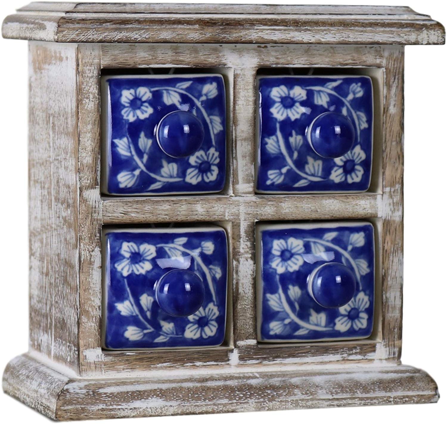 Deluxe Wood Handicrafts Rustic Wooden 4 Ceramic Ring Storage Kitchen Organizer Multipurpose Chest Drawers for Jewelry Makeup for Women// 4 CEREMIC-image-1