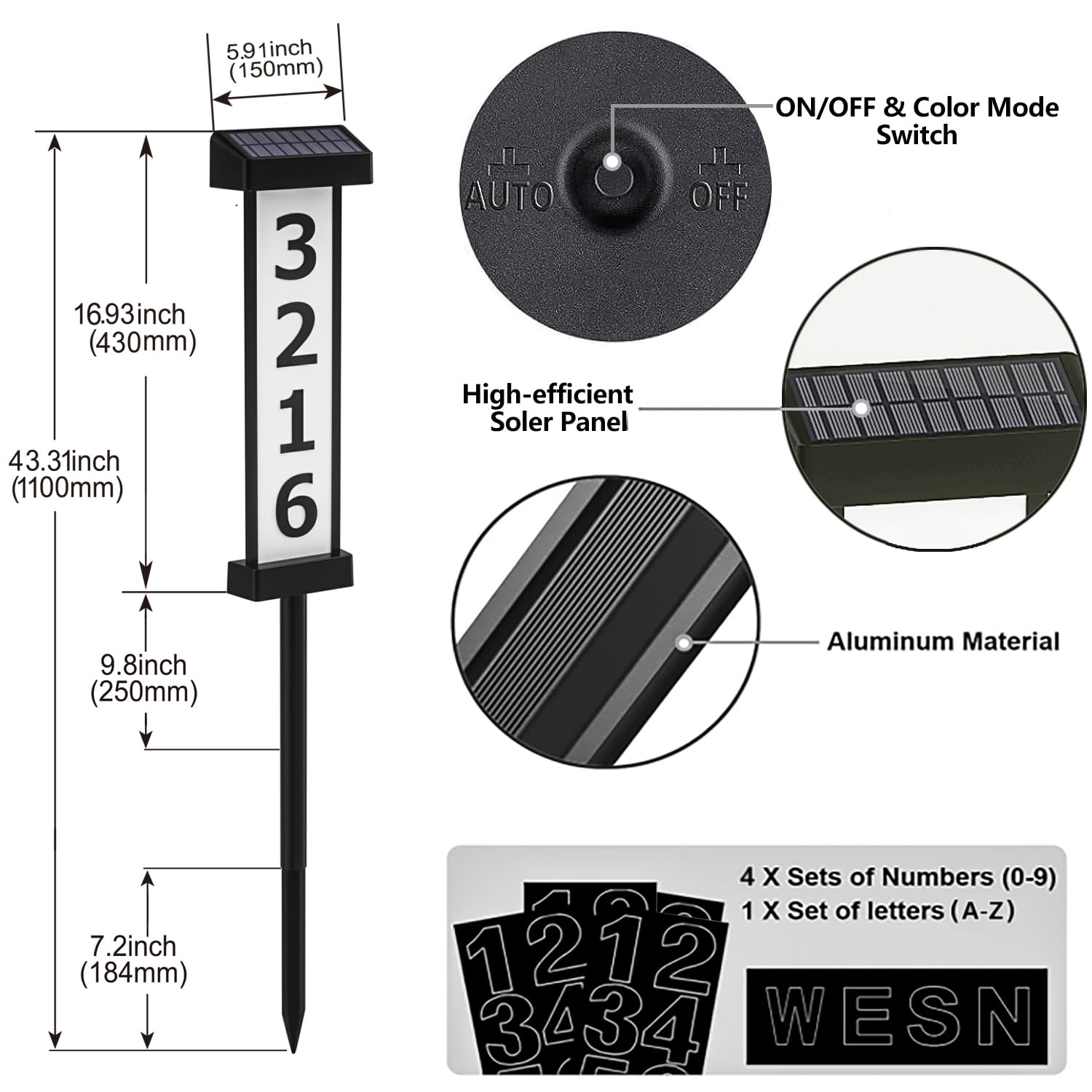 Hausnummern für Außenbeleuchtung, 3D-Upgrade-Acrylnummer, Solar-Adressschilder für Hof, mit Plakettenpfähle, wasserdicht, beleuchtet, für Garten, Terrasse, Rasen