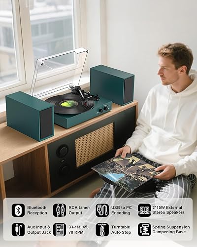 Miniatura 4 de Tocadiscos retro Bluetooth con altavoces externos, tocadiscos de 3 velocidades por correa, grabación USB a PC, salida AUX y RCA, parada automática,
