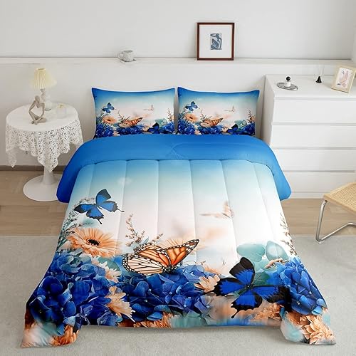 Erosebridal Juego de edredón de mariposa para niñas, juego de ropa de cama con estampado de flores azules, juego de ropa de cama para adolescentes y
