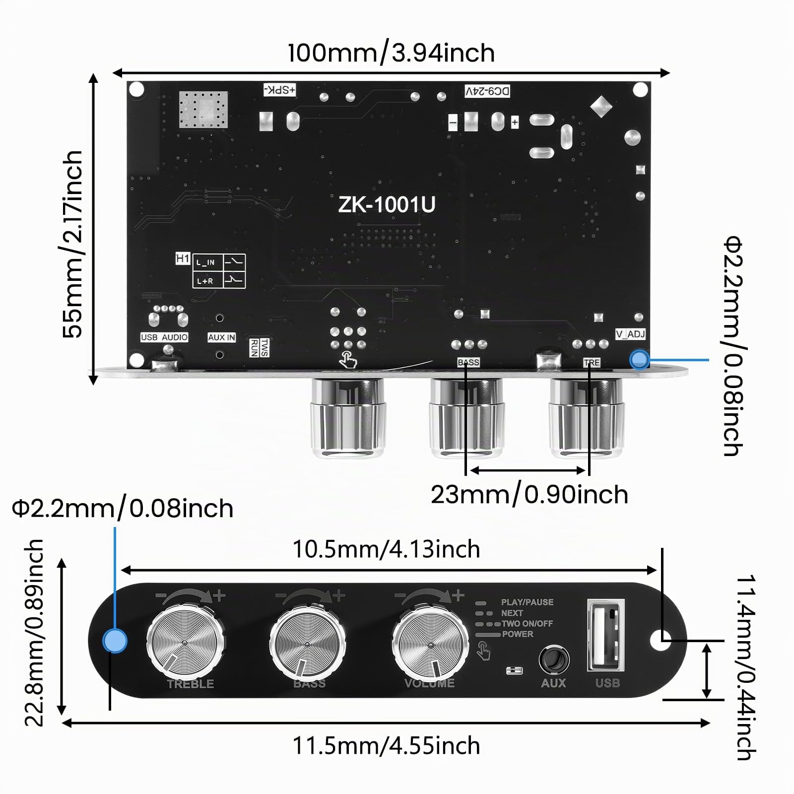 ZK-1001U Amplificateur audio mono Bluetooth 5.3 avec stéréo Hi-Fi, technologie TWS et circuit Boost – 100 W de puissance de sortie – Mini-amplificateur pour enceintes DIY d'intérieur et d'extérieur –