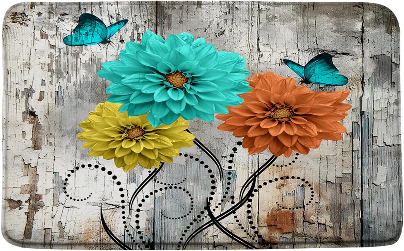 Rustic Floral Bath Rug Turquoise Orange Yellow Dahlia Flower Abstract Leaves Vintage Wooden Board Butterfly Shabby Farmhouse Bran 16x24 and 20x31 Inch Bath Mat Sets for Bathroom Kitchen