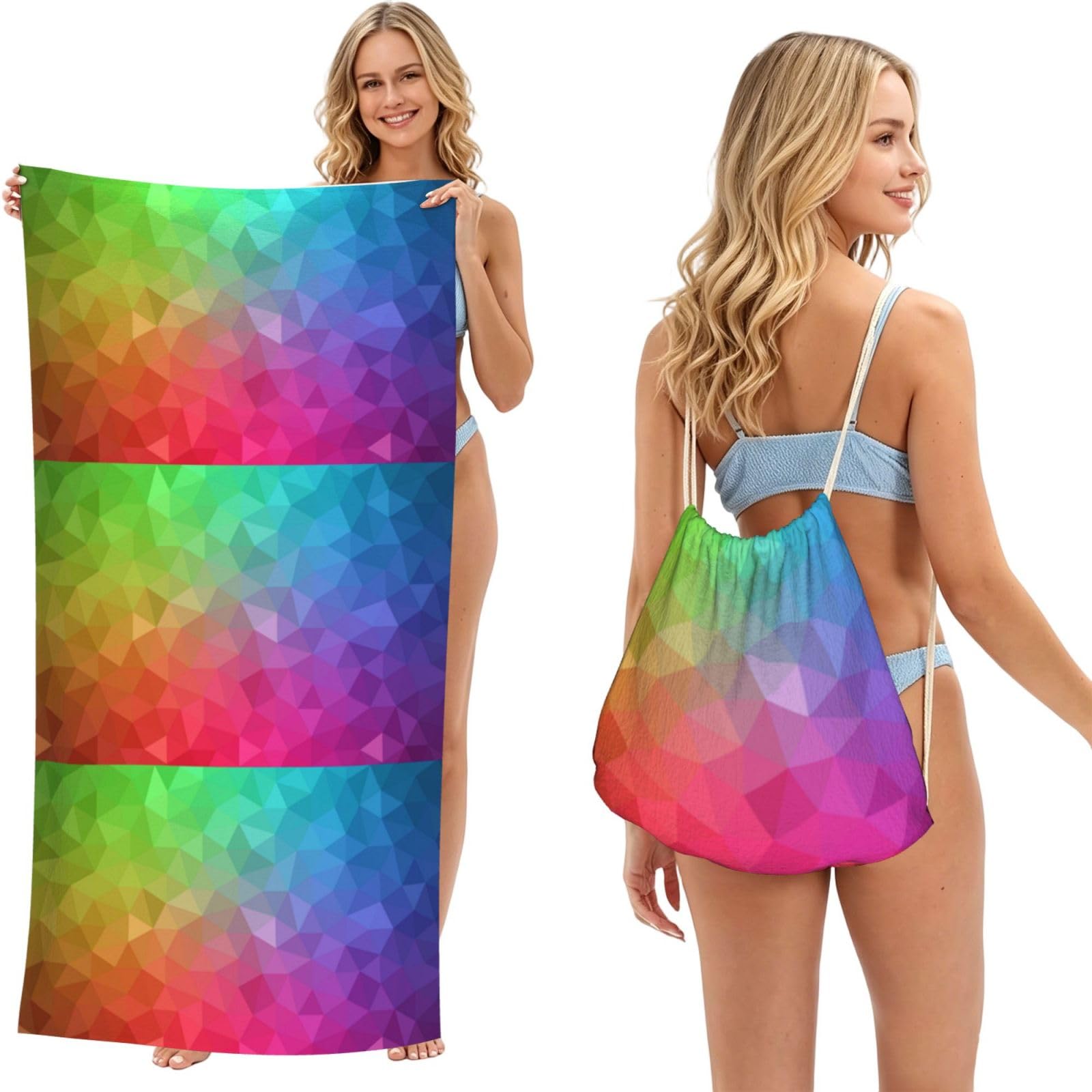 Poadnly As Picture Multicolor Polygonal Which Consist Triangles Rainbow, 2 In 1 Packable Towel Bag, Beach Towels With Drawstring Backpack For Travel Holiday Camping