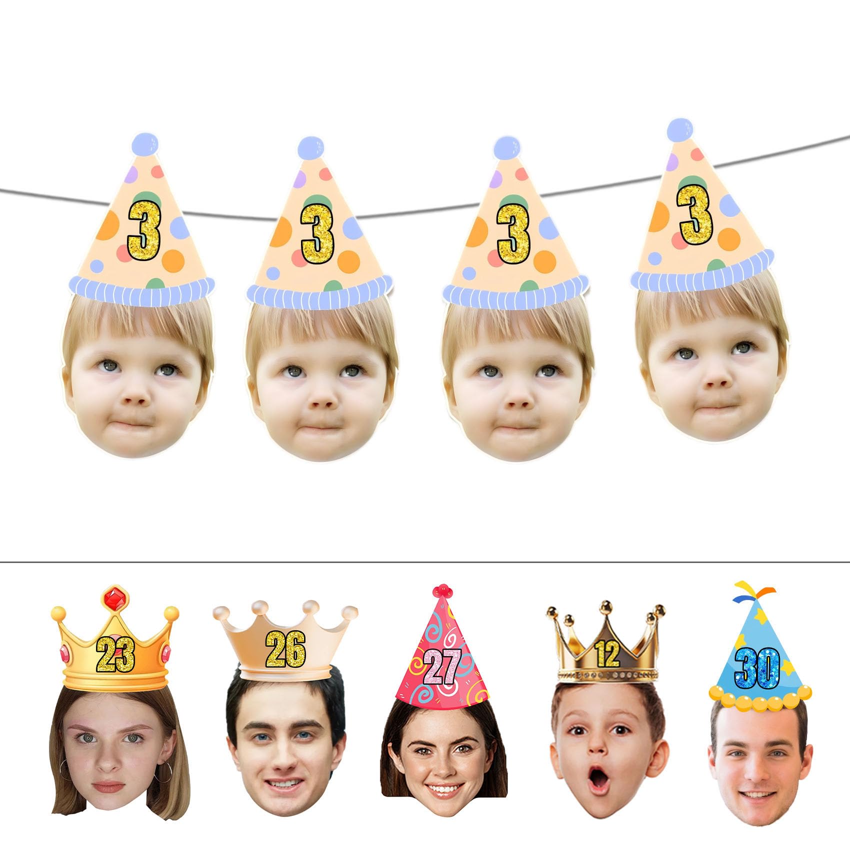 10 Pcs Personalised Banners Birthday with Photo,Custom Birthday Banner,Party Hat Face Bunting,Personalised Photo Party Decoration for Birthdays, Weddings, Graduations,240 cm Rope.