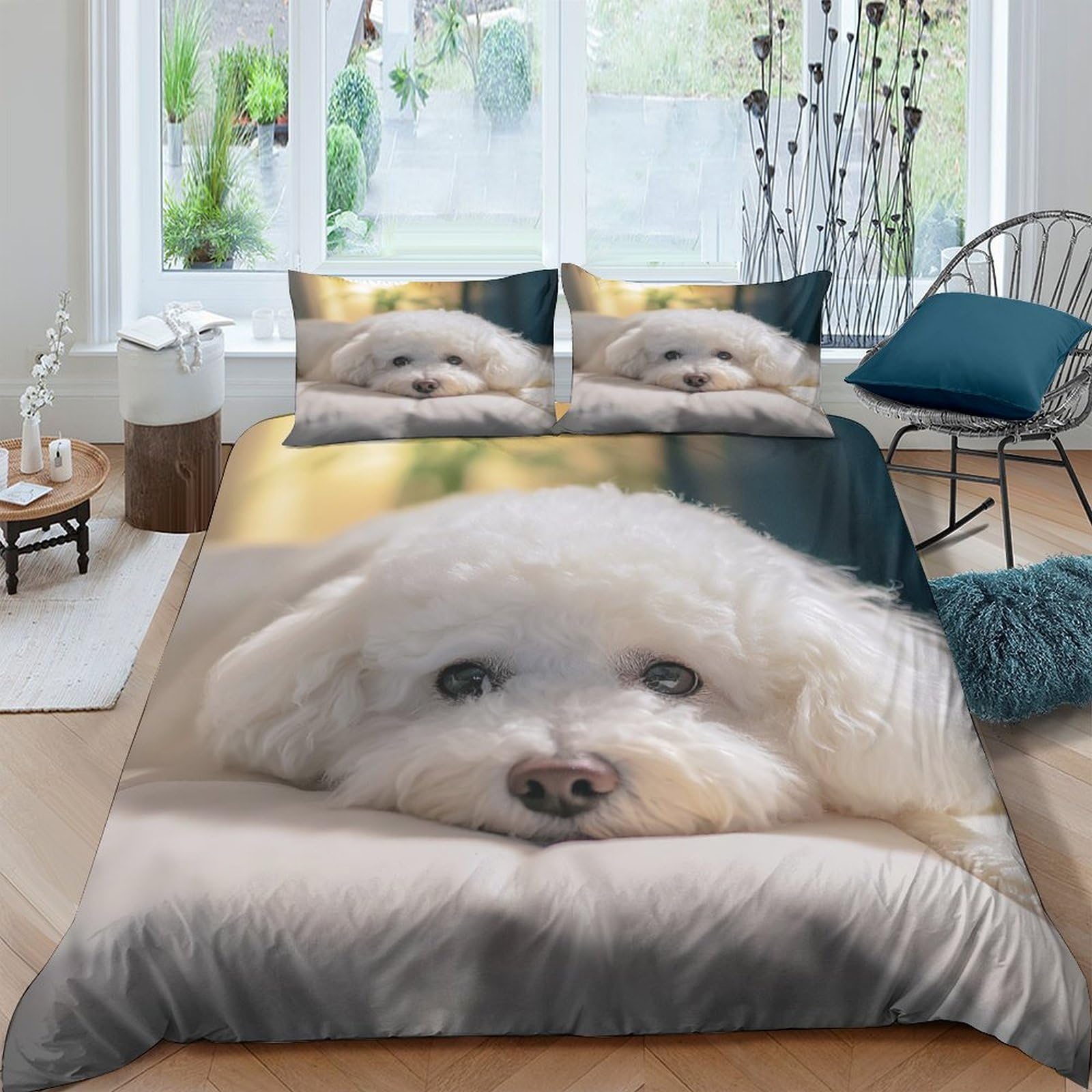 Ctjqhvkz Style-1 3D Printed White Fluffy Dog Fitted Sheet Microfiber Soft Anti-Slip Pet Puppy Bed Cover For Bedroom Guest Room Decor Single（135X200cm）