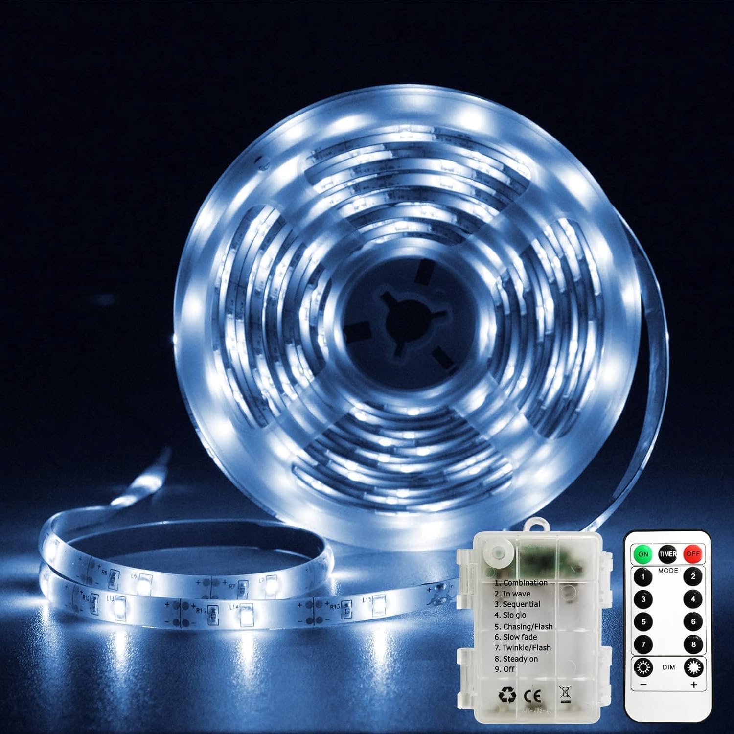 LED Strip Battery Operated, 3 Metre LED Strip, Self-Adhesive, with 8 Modes Timer Remote Control, Waterproof Light Strips, Flexible Cuttable, for Bedroom, Cabinet, Home Decoration (Cool White) โ image 1