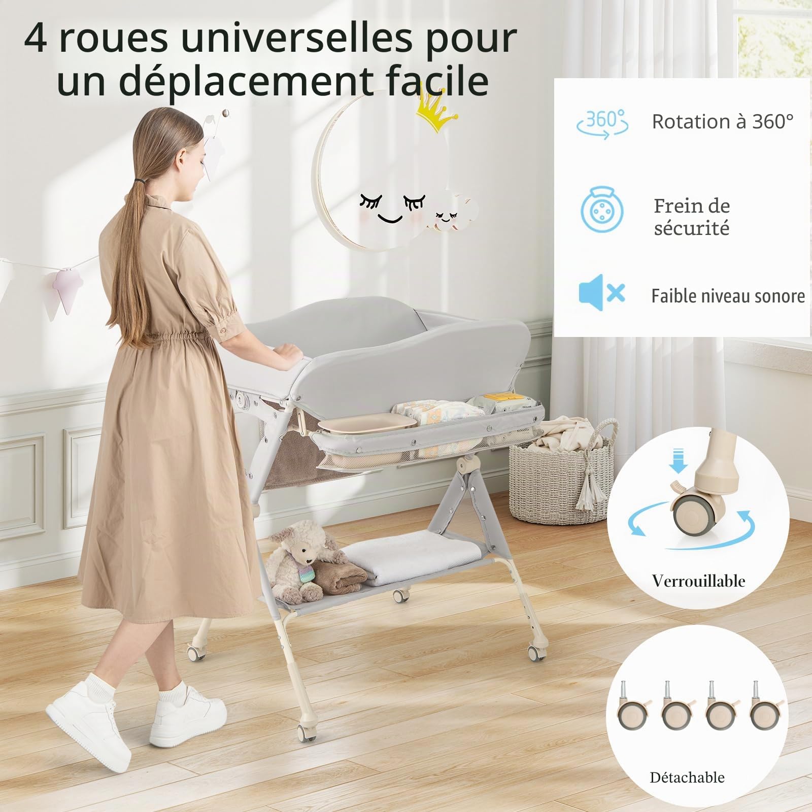 LIFEZEAL Table à Langer Pliante avec Roues Universelles, Espace de Rangement, Table Langer Bébé 0-6 Mois avec Charge de 11 KG, Tissu Hydrofuge, Oléofuge et Anti-taches, Gris