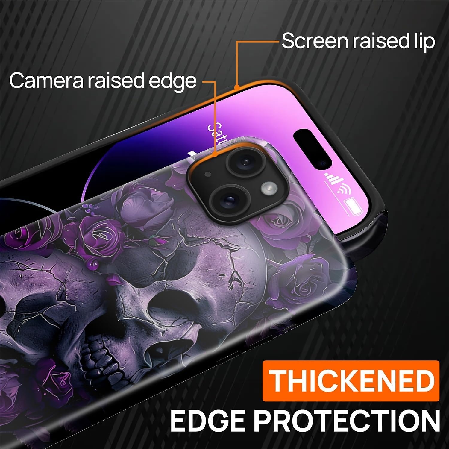 for iPhone 14 Case for MagSafe,Hard Hybrid Shell Shockproof Silicone Full Body Protective Glossy Case for iPhone 14 Purple Skull Rose Pattern - Image 2