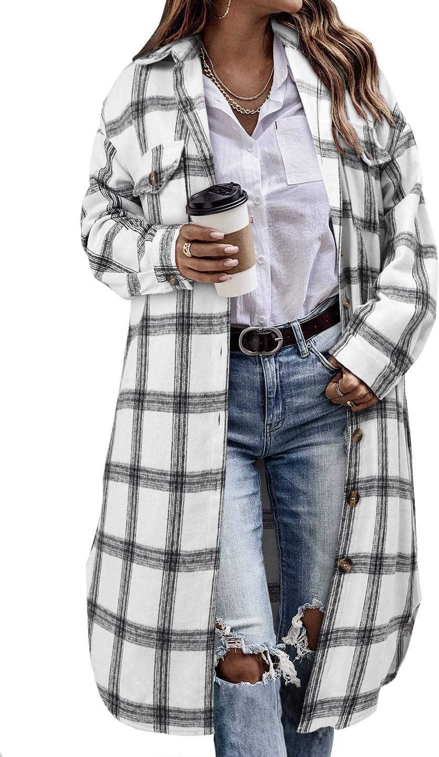 CHICZONE Womens Plaid Shacket Jacket Long Corduroy Shirt Casual Lapel Button Down Flannel Trench Coats A White X-Large