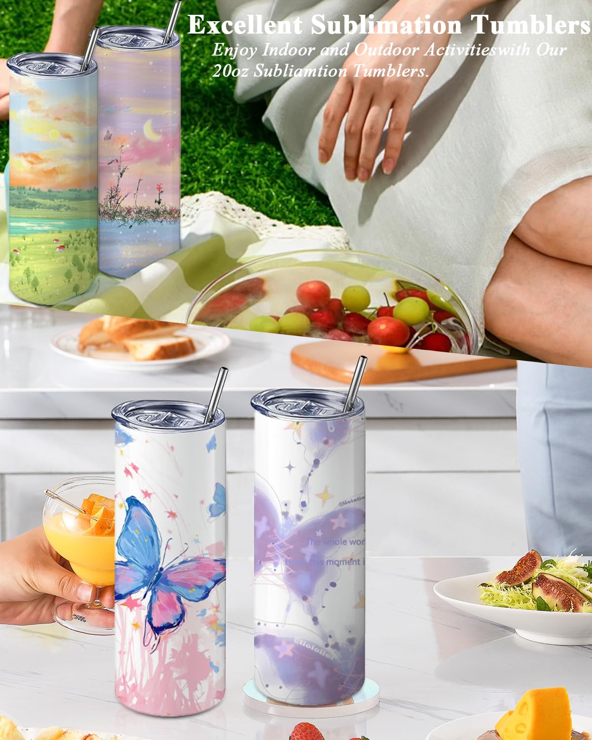 GGQ 25 sztuk kubków sublimacyjnych, luzem, 590 ml, ze stali nierdzewnej, izolowane, proste kubki z pokrywkami i słomkami, pojedyncze pudełko, powłoka polimerowa do przenoszenia ciepła, 25 szt