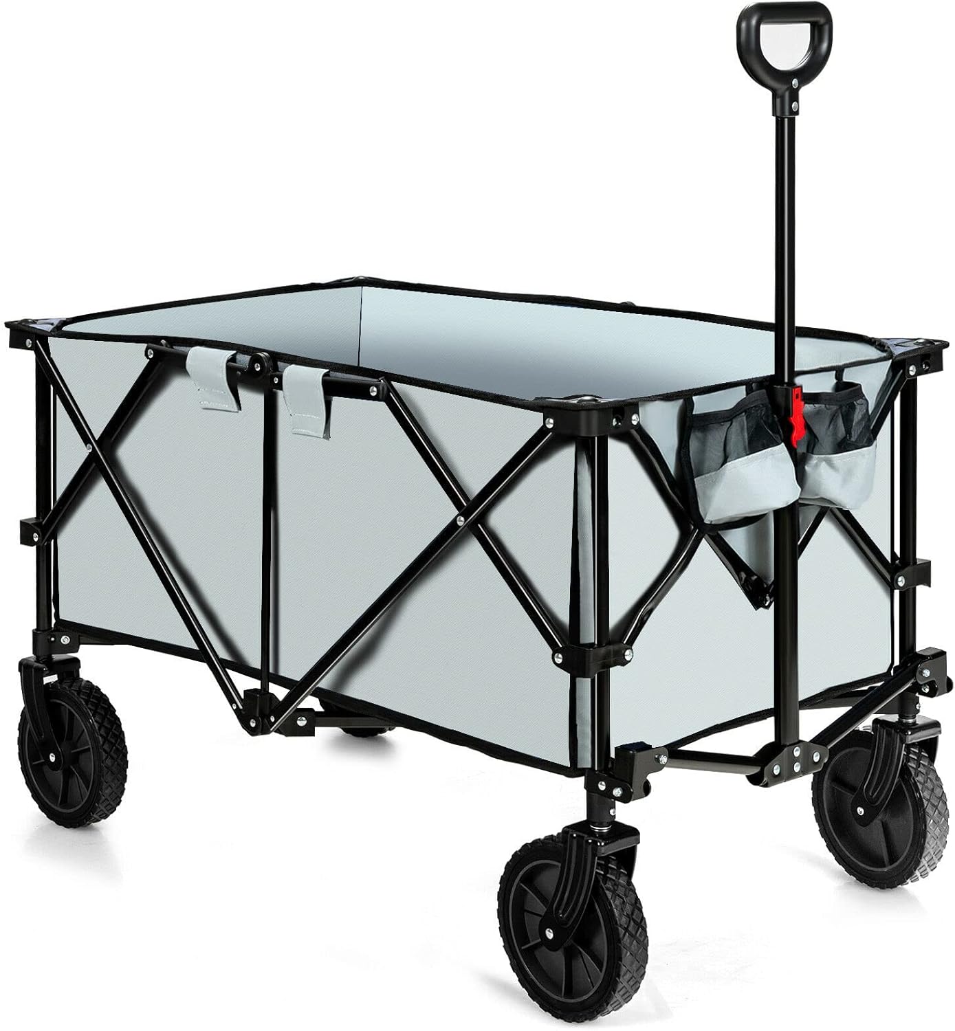 Grey Folding Collapsible Wagon Utility Camping Cart Wheelbarrows Garden Trolley Buggy with Wheels Carry Bag 2 Cup Holders Adjustable Handle Sturdy Reinforced Steel Frame Large Load Capacity