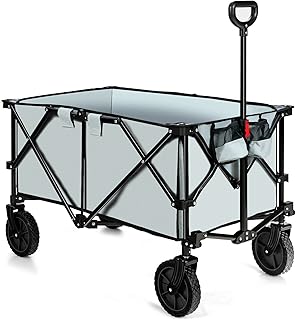 Grey Folding Collapsible Wagon Utility Camping Cart Wheelbarrows Garden Trolley Buggy with Wheels Carry Bag 2 Cup Holders Adjustable Handle Sturdy Reinforced Steel Frame Large Load Capacity