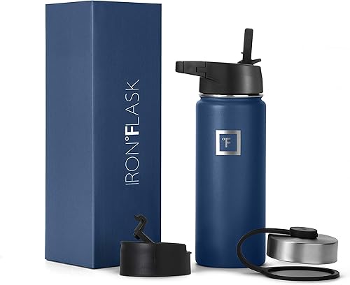 Miniatura 1 de IRON FLASK Botella de agua deportiva de 18 onzas, 3 tapas (tapa con popote), a prueba de fugas, acero inoxidable, para gimnasio y deportes, para