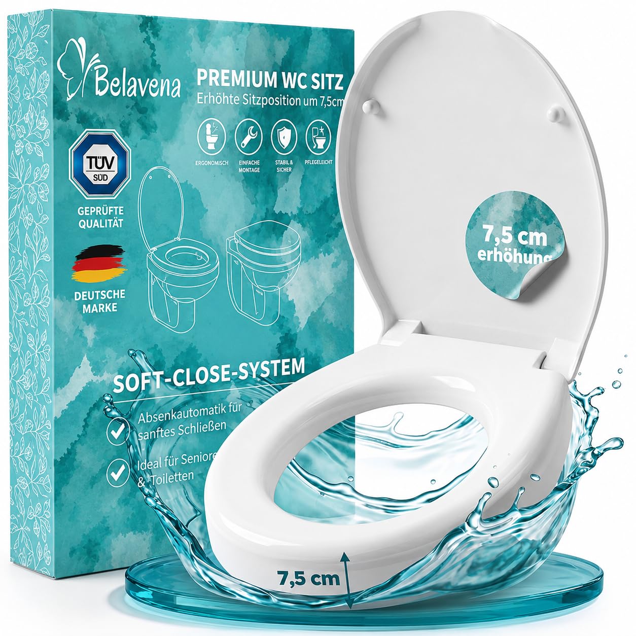 WC Sitzerhöhung 7,5cm inkl. Absenkautomatik für bequemes Sitzen & Aufstehen | Erhöhter Toilettensitz bis 200 kg belastbar | Toilettensitzerhöhung - Raised Toilet Seat
