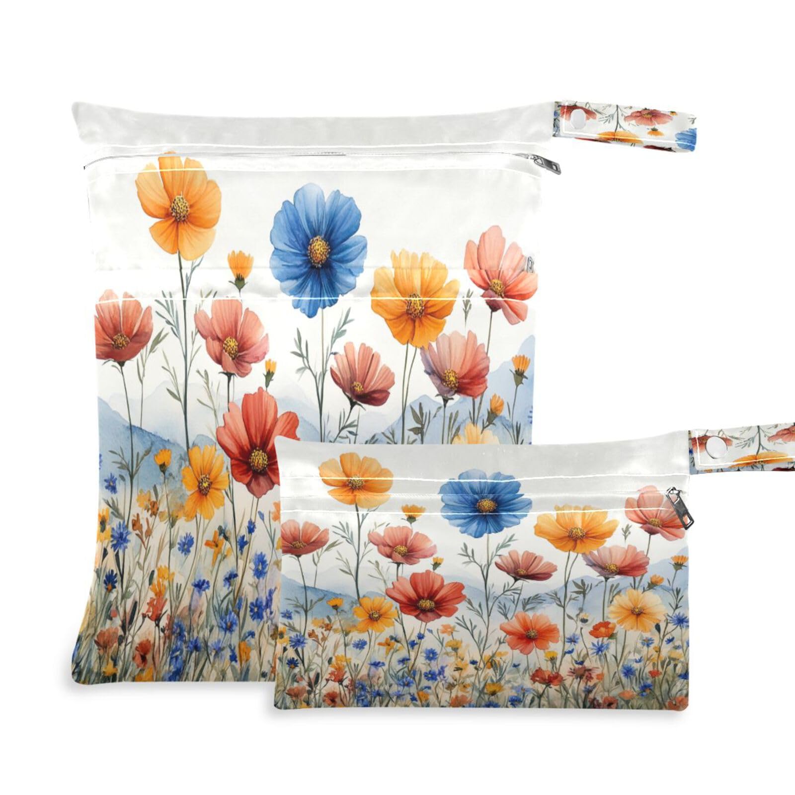 ATTX Watercolor Wildflowers Wet Dry Bags 2-Pack - Reusable Cloth Diaper Storage for Travel, Beach & Gym | Multi-Use Waterproof Bags for Swimsuits, Baby Clothes, Sports Gear#24
