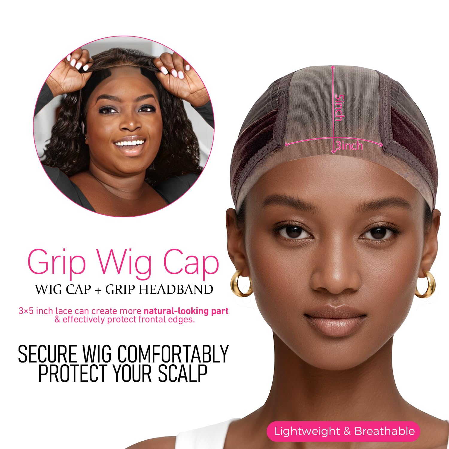 LAB HAIRS - Gorra de peluca con banda de agarre para mantener las pelucas en su lugar, pelucas de encaje frontal transparente más ancho y ancho – Marrón/Negro/Nude antideslizante que deja que tu