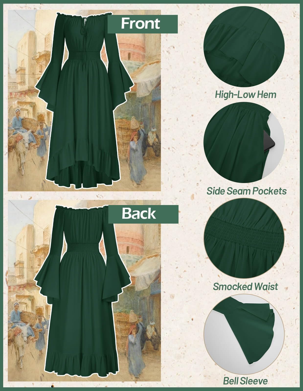SCARLET DARKNESS Vestido Largo renacentista para Mujer, Cintura ahumada, diseño Alto, Estilo Medieval