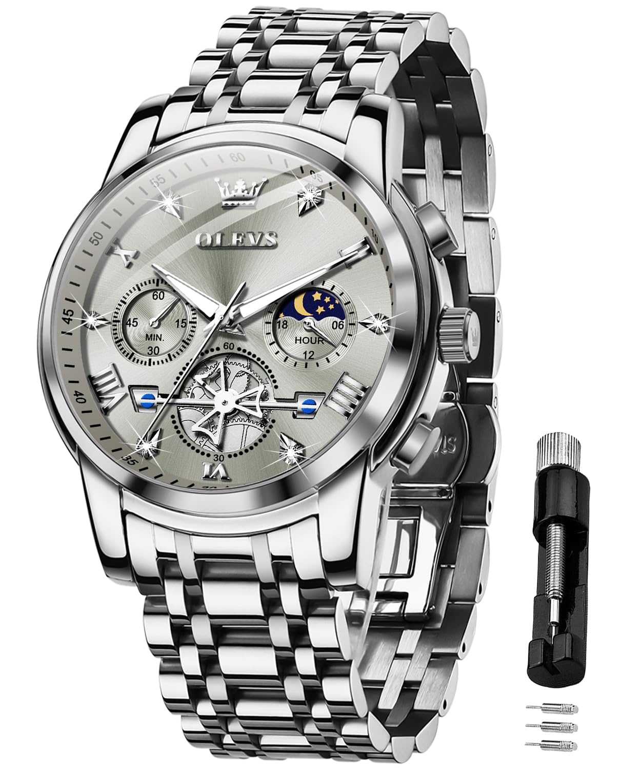 OLEVSMens Chronograph Watch Gold Silver Stainless Steel Chain Quartz Wrist Watches Business Dress Waterproof Luminous Date Watch