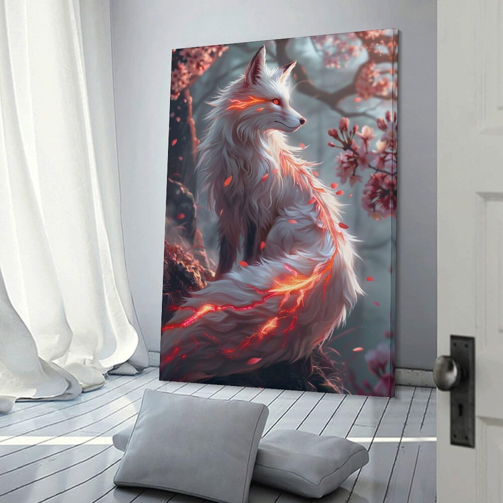 Junmoney Sakura Kitsune Fox Room Decor Wall Art, 24x36inch(60x90cm), for Front Hall, Corridor Or Welcome Spaces, A Neat Decor Update for Hallways