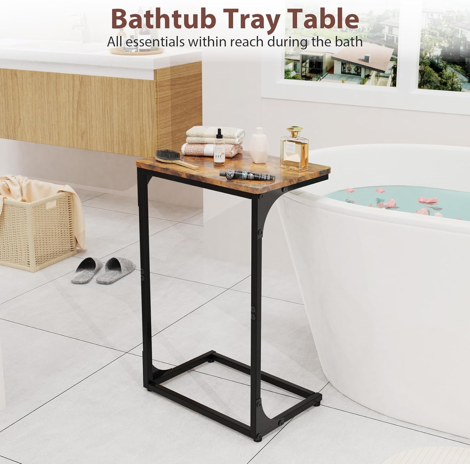 C Shaped End Table Set of 2, TV Tray Side Table for Couch, Couch Tables That Slide Under C Table Side Table for Small Spaces Living Room Bedroom Bedside Home Office, Brown