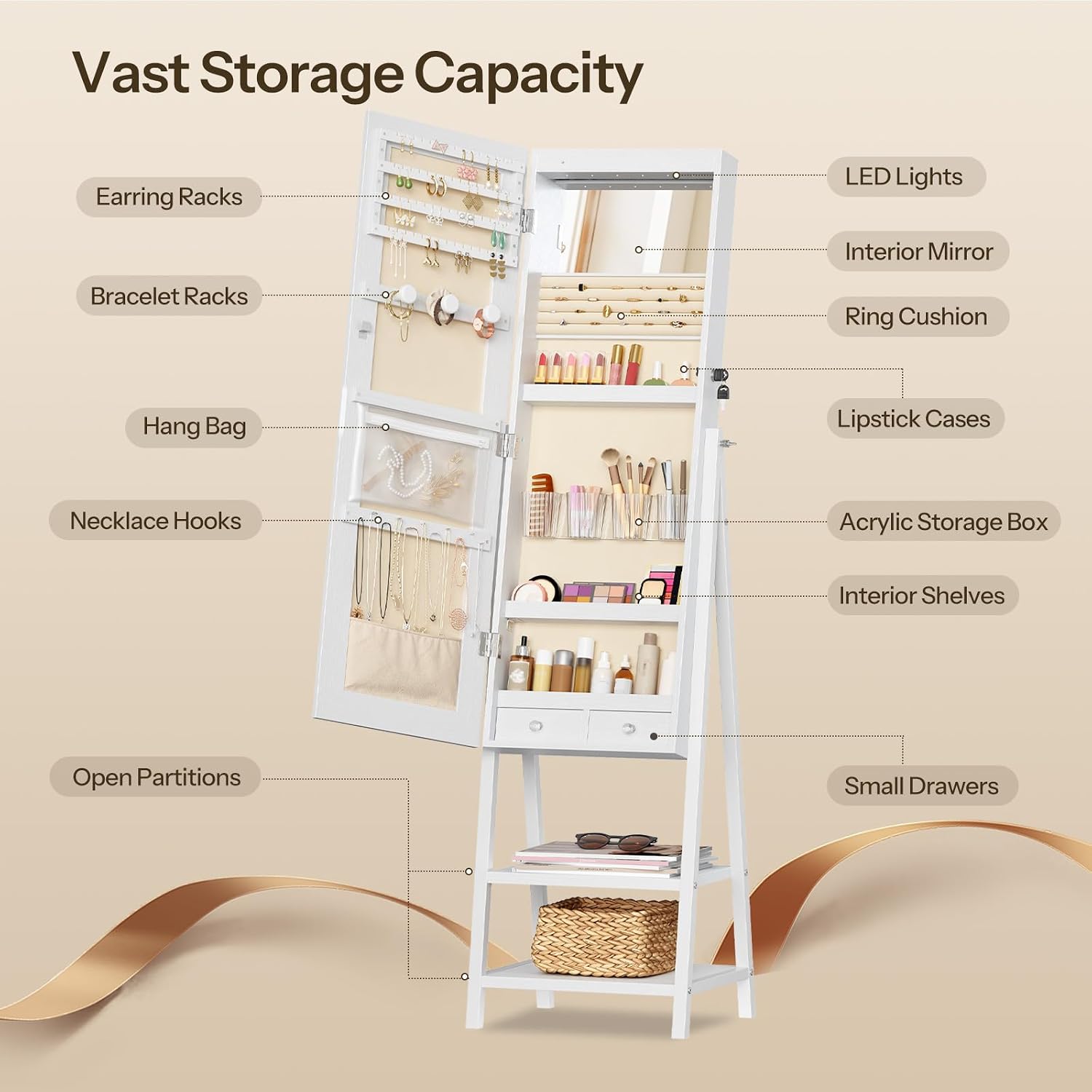 HOOBRO Standing Jewelry Cabinet with LED Lights, Jewelry Organizer with Storage Shelves, Full Length Mirrored Jewelry Armoire, Lockable Cosmetics Storage Cabinet, Makeup Brush Boxes, White