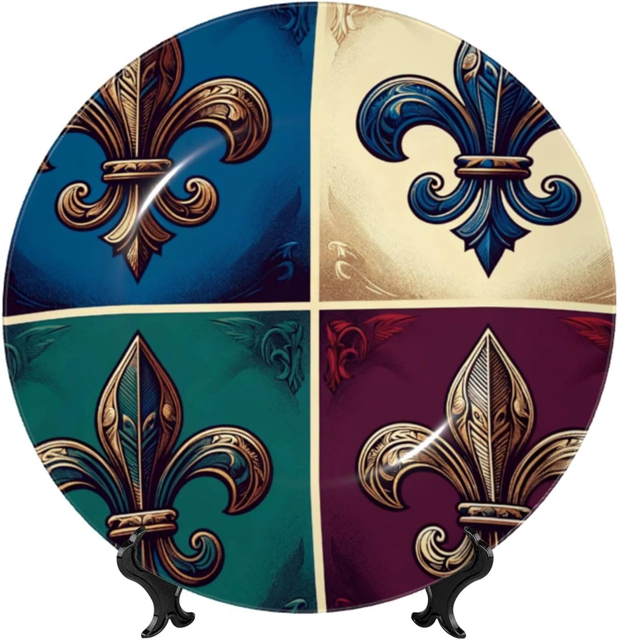 Colorful-Fleur-De-Lis 10 Inch Decorative Plate With Stand, Elegant Display Wall Plate For Home Decor