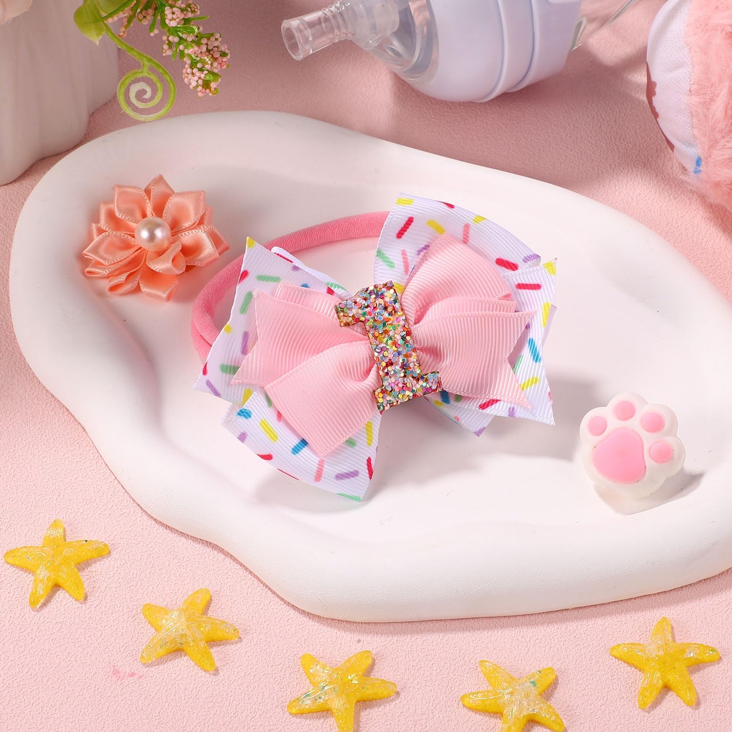 Baby Bow Headband, Cute Baby Hair Bow Elastic Hairband Bow Hair Accessories for Newborn Baby Girls Toddlers 1st First Birthday Party Decorations Photo Props (Ice Cream)