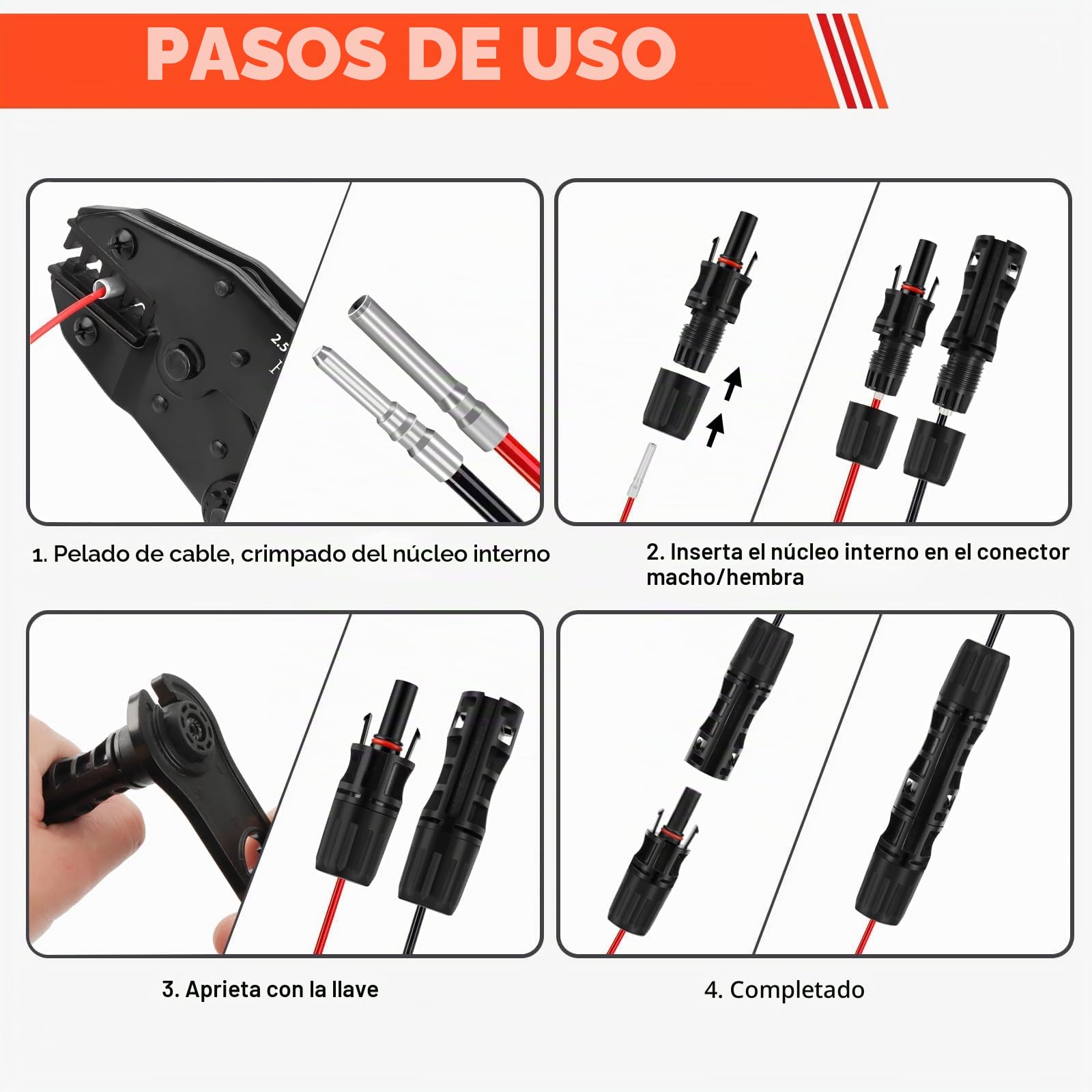 Juego de Crimpadora Solar para Cable Fotovoltaico 10 mm² con Adaptadores y Conectores Macho/Hembra