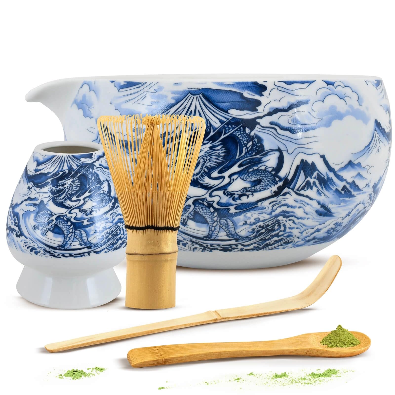 Set da Matcha Dragon – Tè Verde Mary Rose Matcha 100g con Ciotola, Accessori in Bambù e Supporto in Ceramica