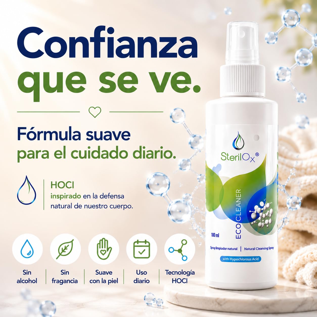 Spray Natural para la Piel y Accesorios – Con Ácido Hipocloroso (HOCl) – Sin Alcohol ni Perfume – Suave y Seguro para Bebés, Niños y Piel Sensible – 100 ml