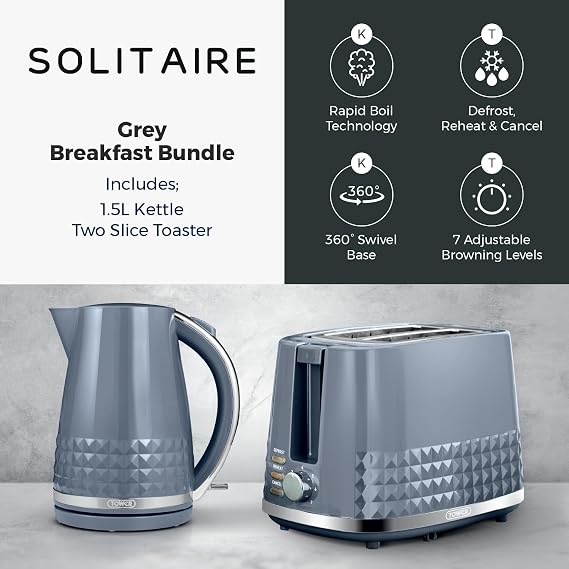 Tower Solitaire Kitchen Set, 1.5L Kettle & 2 Slice Toaster, Grey