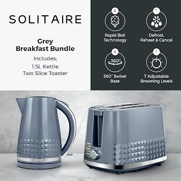 Tower Solitaire Kitchen Set, 1.5L Kettle & 2 Slice Toaster, Grey